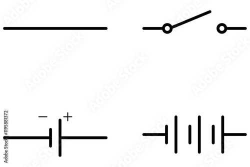 Schematic designations used in electrical engineering - wire, switch, electric cell, battery of electric cells