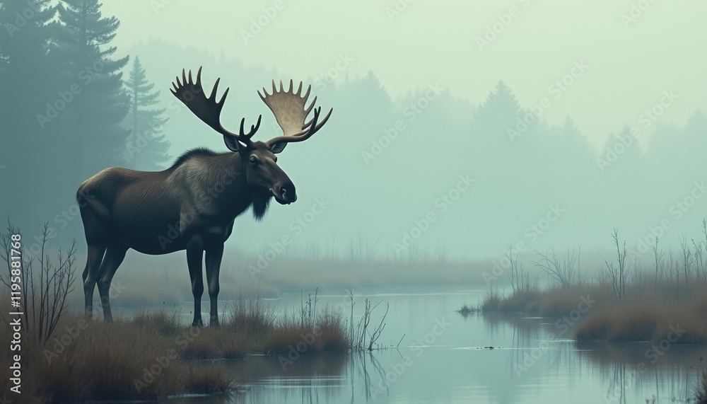 4K HD Wallpaper of A moose standing in a misty marsh. Anime Background. HD Backgrounds 4K HD Wallpaper of A moose standing in a misty marsh. Anime Background. HD Backgrounds