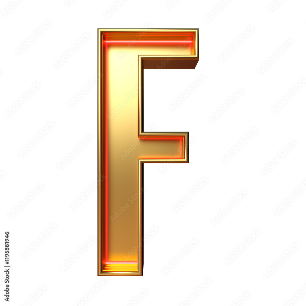 Golden retro font. Red neon. Alphabet letter F isolated on a white background with clipping path. 3d illustration. Golden retro font. Red neon. Alphabet letter F isolated on a white background with clipping path. 3d illustration.