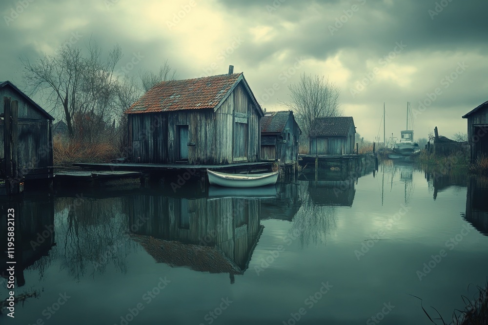 Obraz premium Rustic wooden houses by a quiet river under an overcast sky