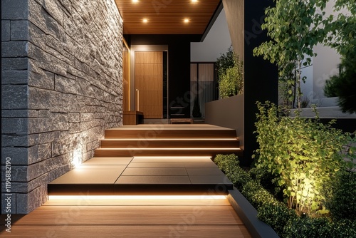 Elegant modern entrance with illuminated steps leading to a stylish front door at night