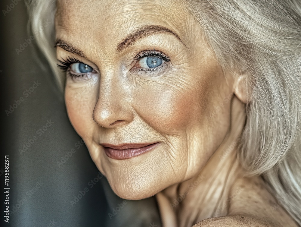 A close-up portrait of an elderly woman with silver hair and striking blue eyes, smiling gently. A close-up portrait of an elderly woman with silver hair and striking blue eyes, smiling gently.