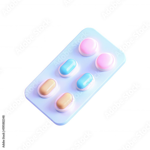 A 3D render of a blister pack filled with various colorful pills including pink, blue, and beige capsules. The design emphasizes modern pharmaceutical aesthetics.