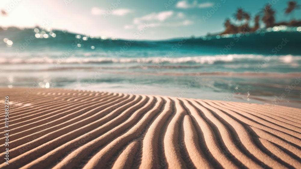 Fototapeta premium A serene view of rippled sand on a tranquil beach, with gentle waves lapping the shore and a soft, warm light creating a peaceful atmosphere.
