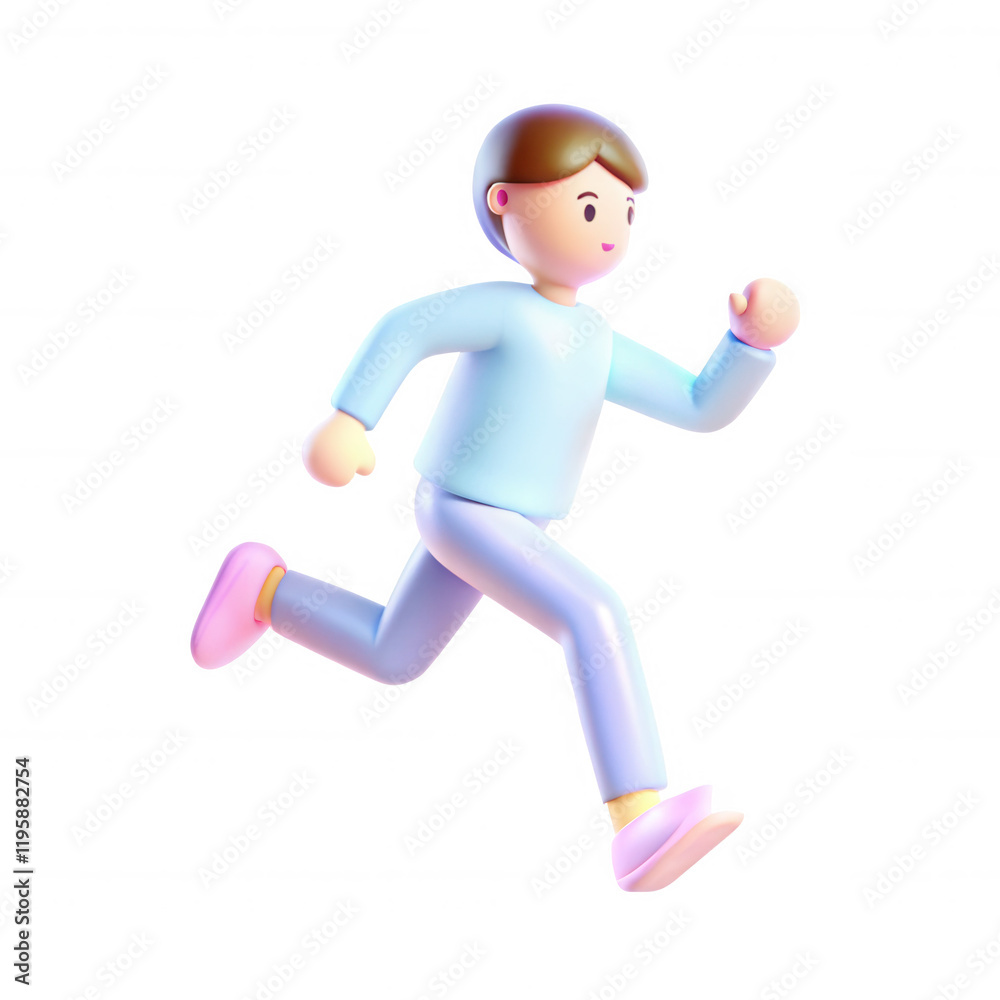 A stylized cartoon character, running energetically. The character has a light complexion, wearing a blue sweater and light pants with pink shoes. A stylized cartoon character, running energetically. The character has a light complexion, wearing a blue sweater and light pants with pink shoes.