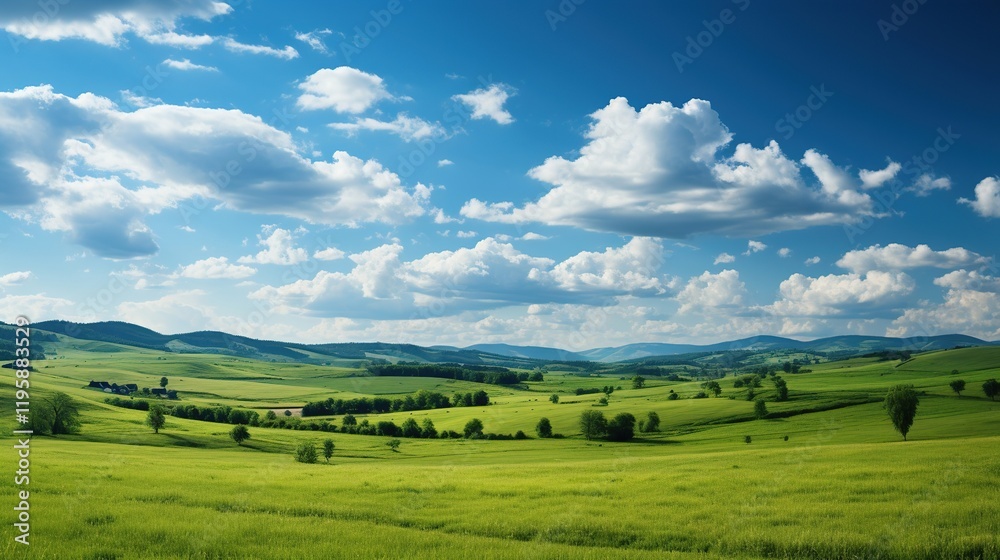Beautiful panoramic view of green meadow and mountains. Beautiful panoramic view of green meadow and mountains.