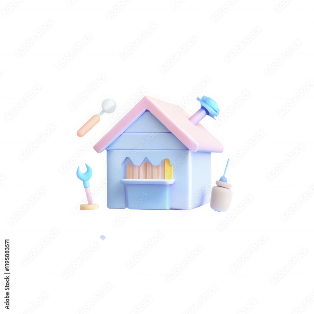 A whimsical 3D model of a house with pastel colors, decorated with tools and craft items, reflecting a playful and creative atmosphere. A whimsical 3D model of a house with pastel colors, decorated with tools and craft items, reflecting a playful and creative atmosphere.