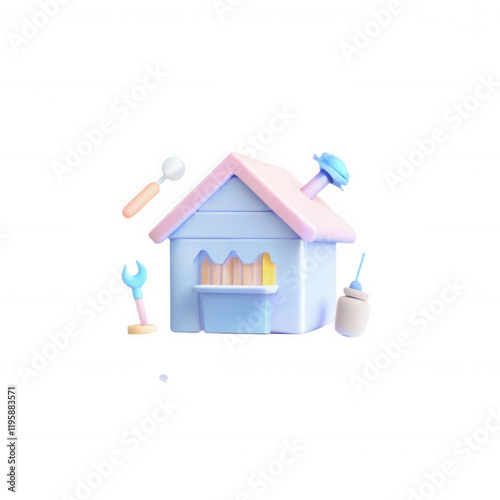 A whimsical 3D model of a house with pastel colors, decorated with tools and craft items, reflecting a playful and creative atmosphere. photo