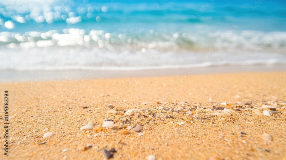 Calming close-up view of sandy beach with seashells, gentle waves lapping at the shore, and a bright blue sky creating a serene atmosphere. Calming close-up view of sandy beach with seashells, gentle waves lapping at the shore, and a bright blue sky creating a serene atmosphere.