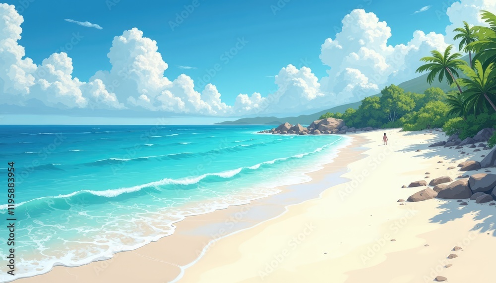 Fototapeta premium 4K HD Wallpaper of A secluded beach with sparkling white sand. Anime Background. HD Backgrounds