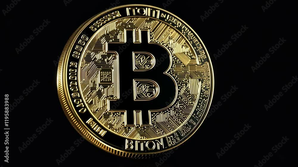 Intricate design of a gold bitcoin surrounded by a dark backdrop emphasizing cryptocurrency's significance