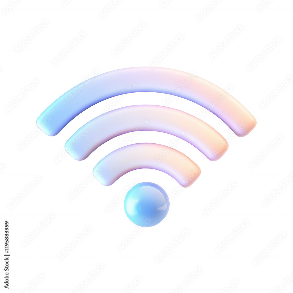 A colorful 3D rendering of a wireless signal icon featuring three curved bars and a circular base. It's sleek and modern in design. A colorful 3D rendering of a wireless signal icon featuring three curved bars and a circular base. It's sleek and modern in design.