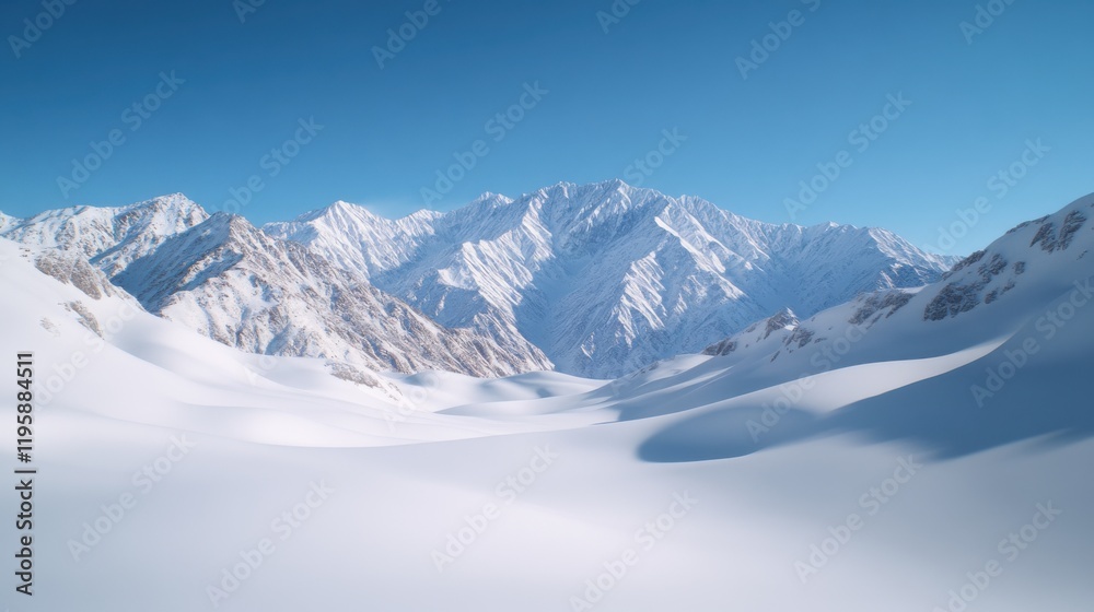 Fototapeta premium A wide-angle view of vast, white snowy mountains under a clear blue sky, showcasing a serene winter landscape.