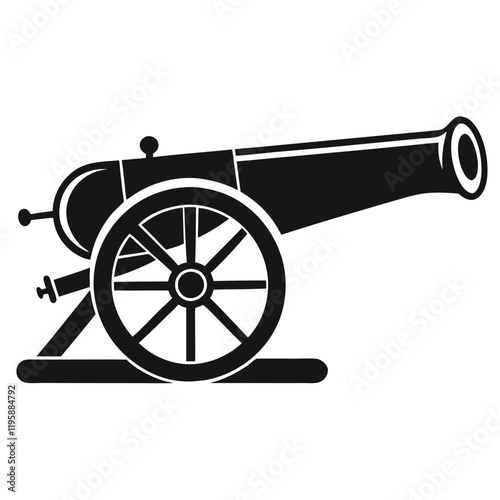 cannon vector silhouette illustration, black cannon icon design, vintage battle weapon silhouette vector, 
isolated historic artillery graphic, revolutionary war symbol illustration  
