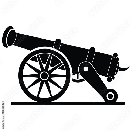 cannon vector silhouette illustration, black cannon icon design, vintage battle weapon silhouette vector, 
isolated historic artillery graphic, revolutionary war symbol illustration  
