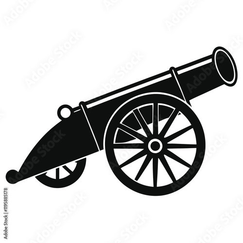 cannon vector silhouette illustration, black cannon icon design, vintage battle weapon silhouette vector, 
isolated historic artillery graphic, revolutionary war symbol illustration  
