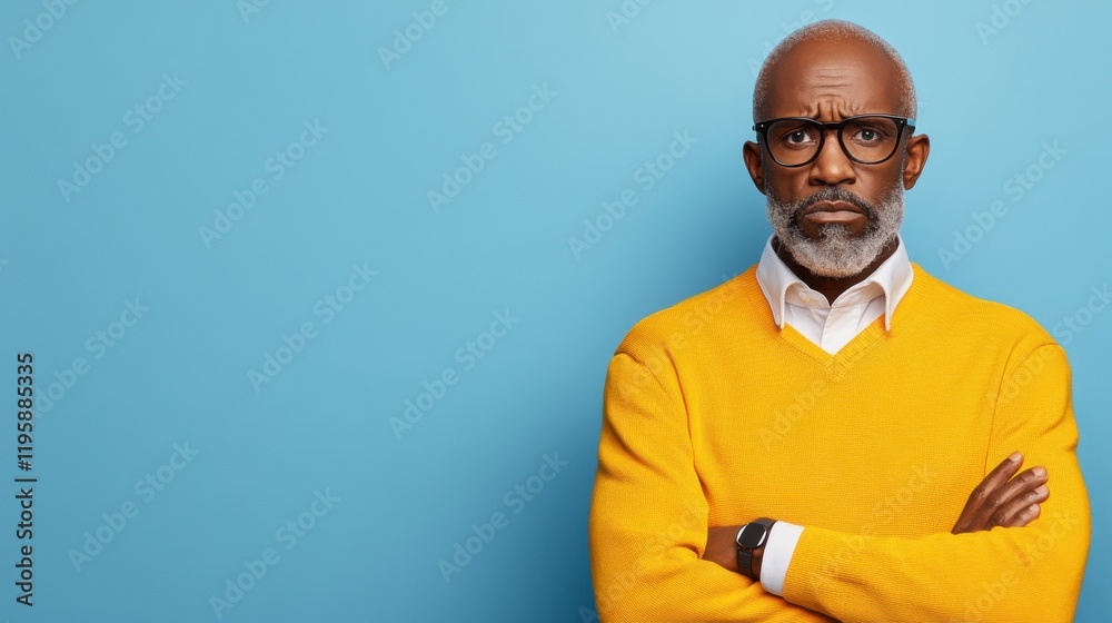 Elderly man with glasses and a white beard looks puzzled. He wears a bright yellow sweater against a solid blue background. Elderly man with glasses and a white beard looks puzzled. He wears a bright yellow sweater against a solid blue background.