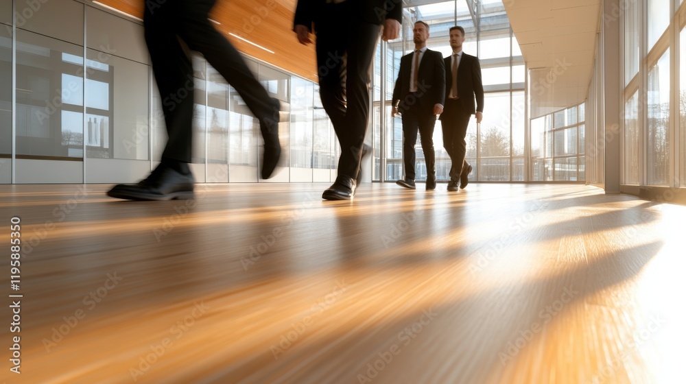 A long exposure photo capturing a group of people in a modern meeting room, creating a dynamic blur effect with warm lighting and smooth wooden floors.