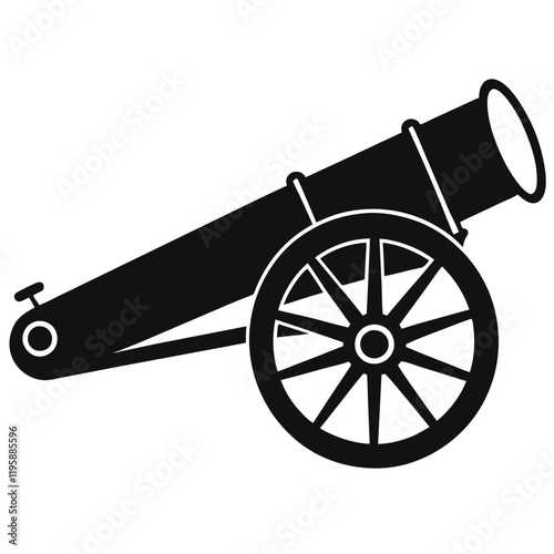 cannon vector silhouette illustration, black cannon icon design, vintage battle weapon silhouette vector, 
isolated historic artillery graphic, revolutionary war symbol illustration  
