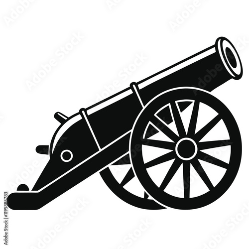 cannon vector silhouette illustration, black cannon icon design, vintage battle weapon silhouette vector, 
isolated historic artillery graphic, revolutionary war symbol illustration  
