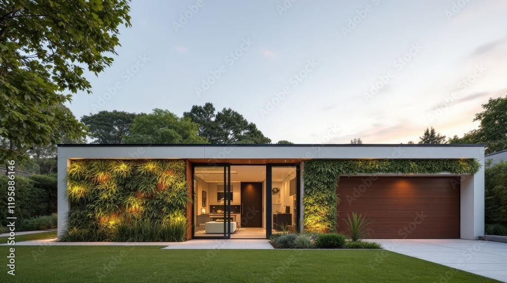 A modern eco-home with vertical gardens on its exterior walls A modern eco-home with vertical gardens on its exterior walls