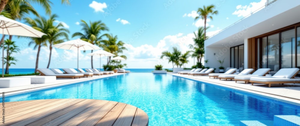 Fototapeta premium Empty wooden table on sunny blurred tropical pool background. Outdoor party mockup for design and product display. 