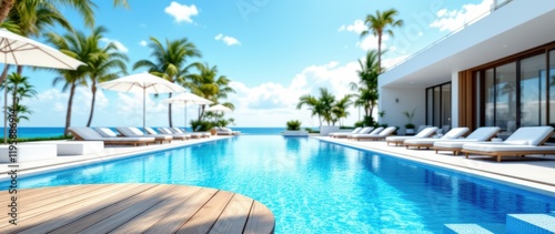 Empty wooden table on sunny blurred tropical pool background. Outdoor party mockup for design and product display.
