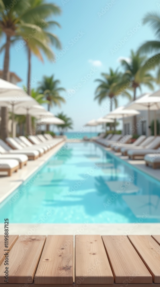 Empty wooden table on sunny blurred tropical pool background. Outdoor party mockup for design and product display.
Empty wooden table on sunny blurred tropical pool background. Outdoor party mockup for design and product display.
