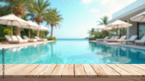 Empty wooden table on sunny blurred tropical pool background. Outdoor party mockup for design and product display.
