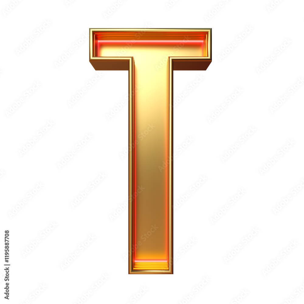 Golden retro font. Red neon. Alphabet letter T isolated on a white background with clipping path. 3d illustration. Golden retro font. Red neon. Alphabet letter T isolated on a white background with clipping path. 3d illustration.