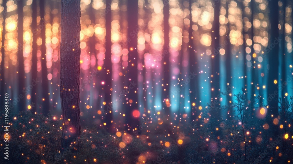 Dreamy twilight forest with shimmering bokeh lights Dreamy twilight forest with shimmering bokeh lights
