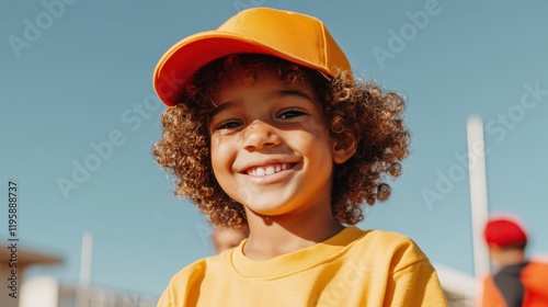 A cheerful child with curly hair and an orange cap smiles brightly outdoors on a sunny day, capturing the joy of childhood in a vibrant setting. photo