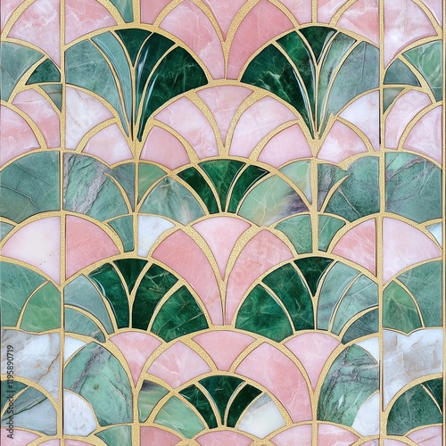 This vibrant tropical art deco mosaic wall showcases intricate fan patterns in shades of green and pink. The elegant design captures the essence of tropical aesthetics in a decorative style