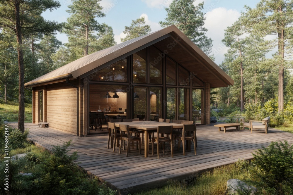 Modern wooden cabin surrounded by tall trees and natural scenery, designed for relaxation and gatherings in a serene forest setting during daylight hours Modern wooden cabin surrounded by tall trees and natural scenery, designed for relaxation and gatherings in a serene forest setting during daylight hours