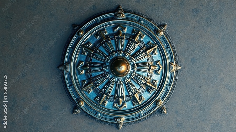 Obraz premium Ornate decorative shield with intricate blue and gold detailing. Perfect for fantasy, historical, or regal designs.
