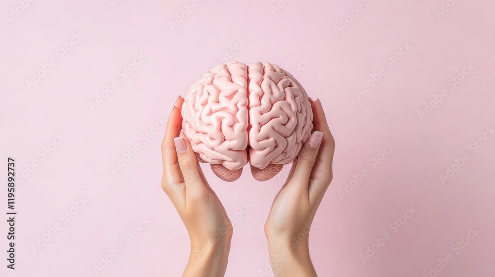 Hands gently hold a realistic human brain model against a soft pink background, symbolizing care, intellect, and creativity. Hands gently hold a realistic human brain model against a soft pink background, symbolizing care, intellect, and creativity.