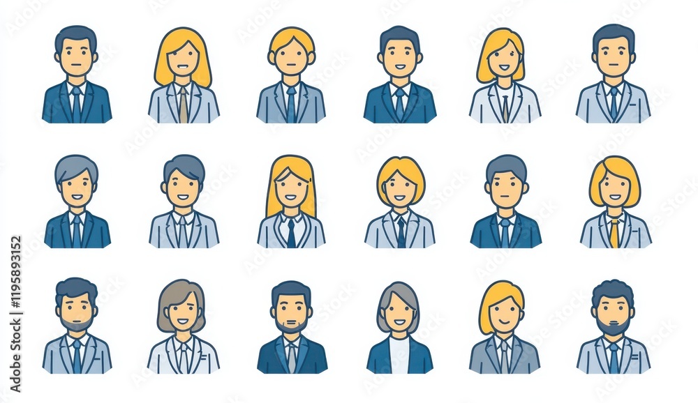 Set of simple line art icons for business people, avatar iconography, minimalistic design with blue and gray colors, white background Generative AI Set of simple line art icons for business people, avatar iconography, minimalistic design with blue and gray colors, white background Generative AI