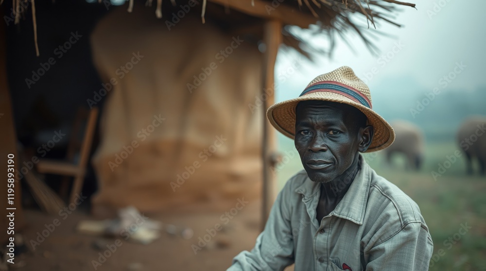 Portrait of a man in a straw hat, sitting outside a simple dwelling. Animals graze in the background. Portrait of a man in a straw hat, sitting outside a simple dwelling. Animals graze in the background.