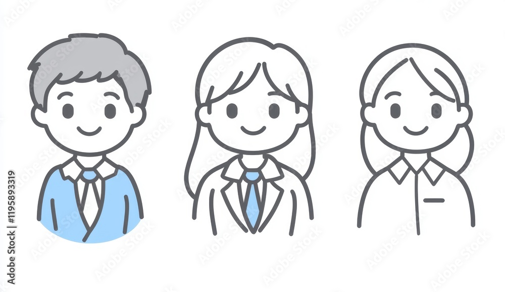 A set of simple line art icons for profile pictures featuring business people, one male and three female characters in light blue color with black outlines on a white background Generative AI A set of simple line art icons for profile pictures featuring business people, one male and three female characters in light blue color with black outlines on a white background Generative AI