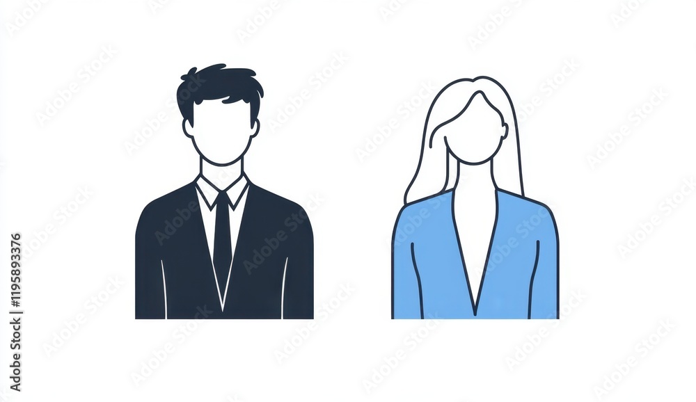 Set of simple line art icons for avatars, business people, male and female, full-body, front view, in a blue, grey, and black color palette Generative AI Set of simple line art icons for avatars, business people, male and female, full-body, front view, in a blue, grey, and black color palette Generative AI