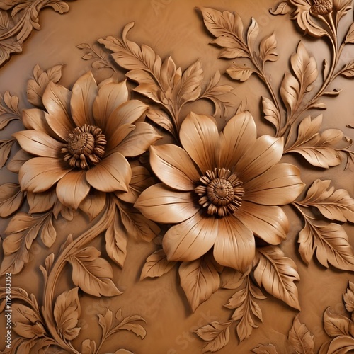 Rustic floral murals carved into tan leather photo