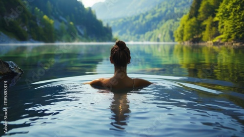 Woman Relaxing in a Tranquil Mountain Lake photo