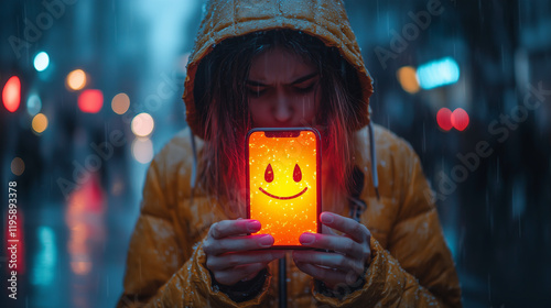 Young person holding a mobile phone showing a happy cheerful emoji icon, eery dark weather
