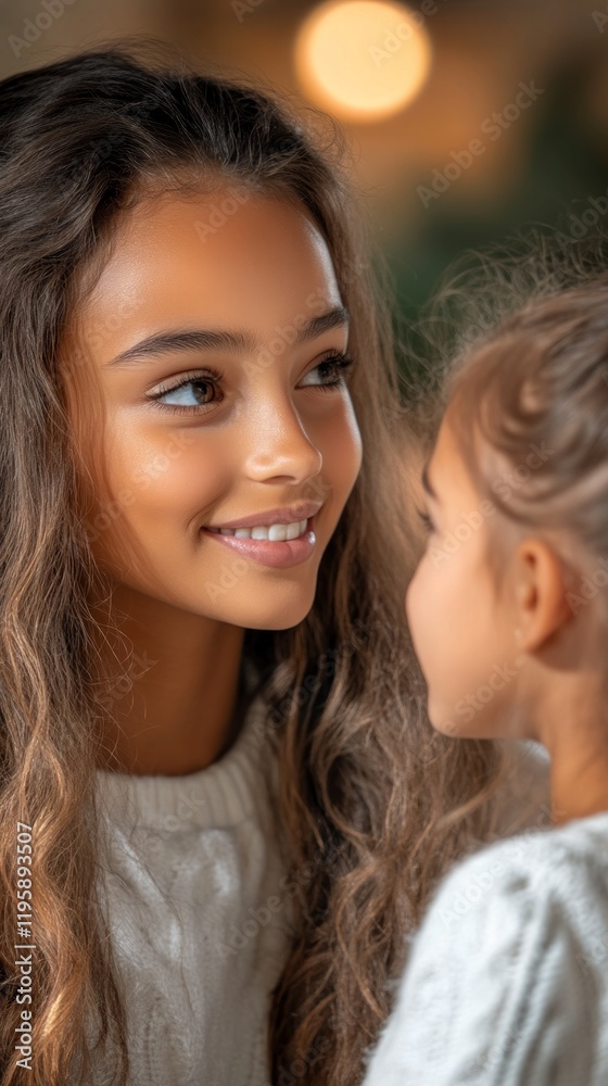 Fototapeta premium Two young girls share a joyful moment, smiling warmly at each other.