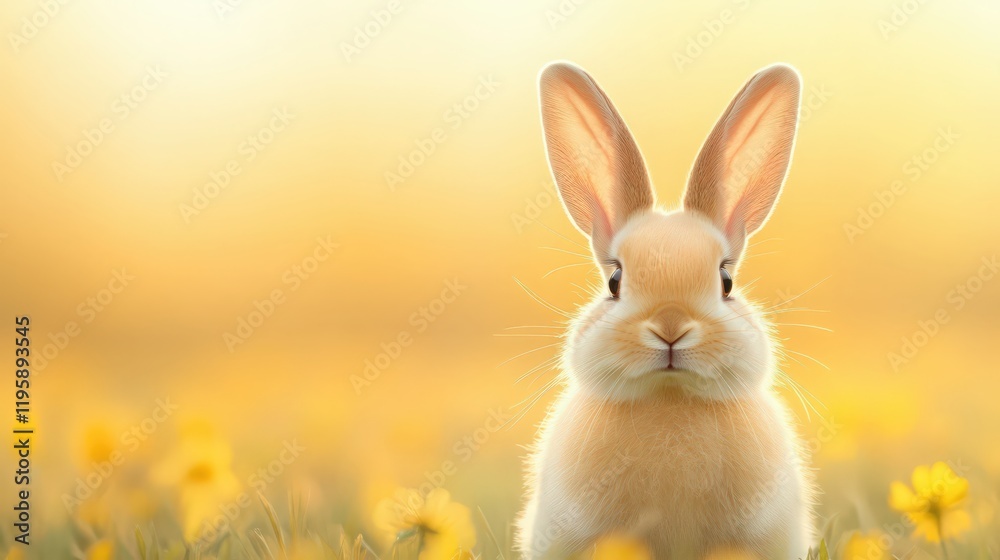 Fototapeta premium A rabbit is standing in a field of yellow flowers