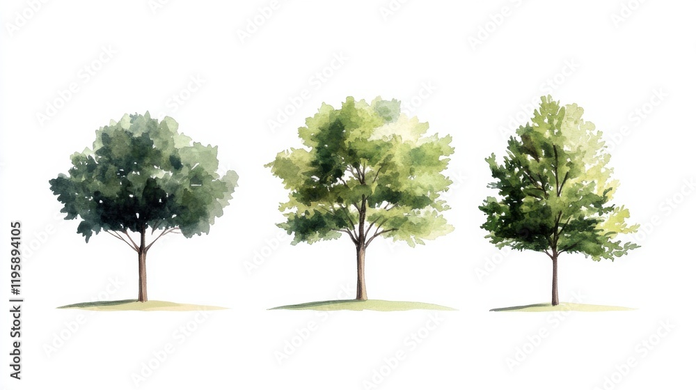Obraz premium A collection of three watercolor trees, each with lush green foliage, set against a simple white background. The trees are hand-drawn and vary in shade and texture.