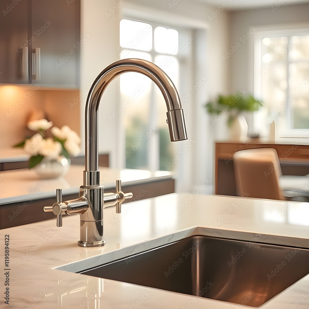 Brass kitchen water mixer tap on stone counter against of window. Created with generative Ai Brass kitchen water mixer tap on stone counter against of window. Created with generative Ai