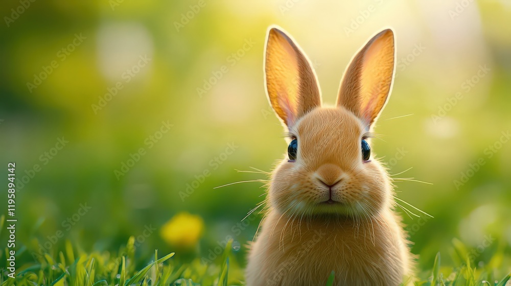 A rabbit is standing in a green field with its ears up