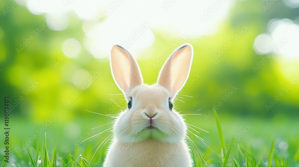 Fototapeta premium A rabbit is standing in a green field with its ears up