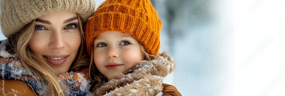 A joyful winter moment shared between a smiling parent and child, wrapped in cozy knit hats and scarves. A joyful winter moment shared between a smiling parent and child, wrapped in cozy knit hats and scarves.